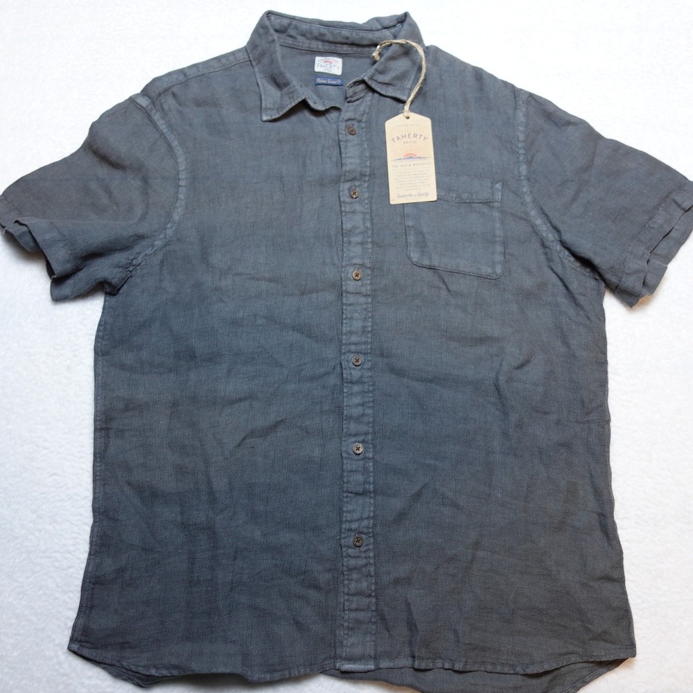 Faherty SS Palma Linen Shirt Mens XL Washed Black Basketweave MWS2515 New